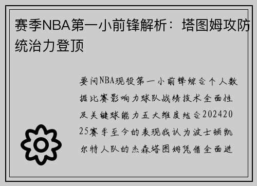 赛季NBA第一小前锋解析：塔图姆攻防统治力登顶