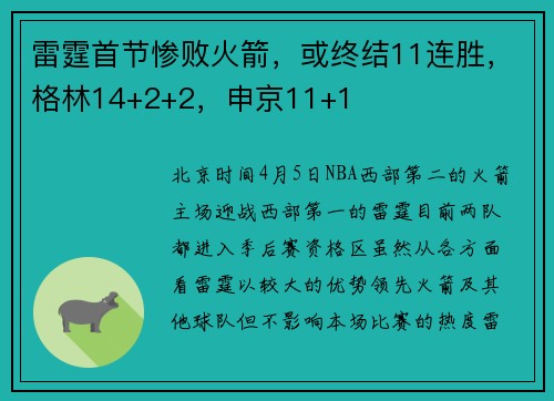雷霆首节惨败火箭，或终结11连胜，格林14+2+2，申京11+1